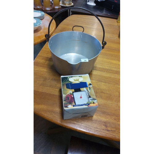 26 - Large vintage aluminum preserve pot with sturdy handle, paired with a boxed kitchen scale with a cap... 