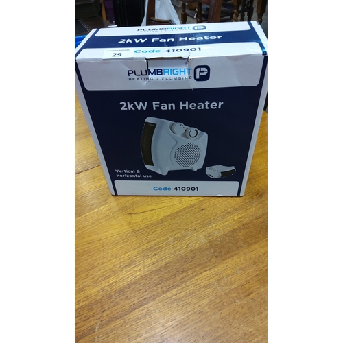 29 - Plumbright 2kW Fan Heater, model code 410901, designed for vertical and horizontal use.