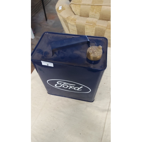 3 - Vintage Ford blue metal jerry can with brass cap, featuring iconic Ford branding.