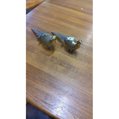 30 - Pair of brass pheasant figurines, intricately detailed with a polished finish.