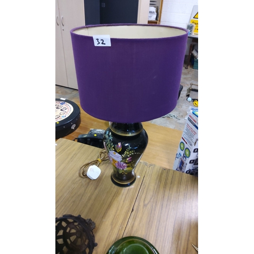 32 - Porcelain table lamp with floral motifs, dark glossy finish, and vibrant purple lampshade. Electric ... 