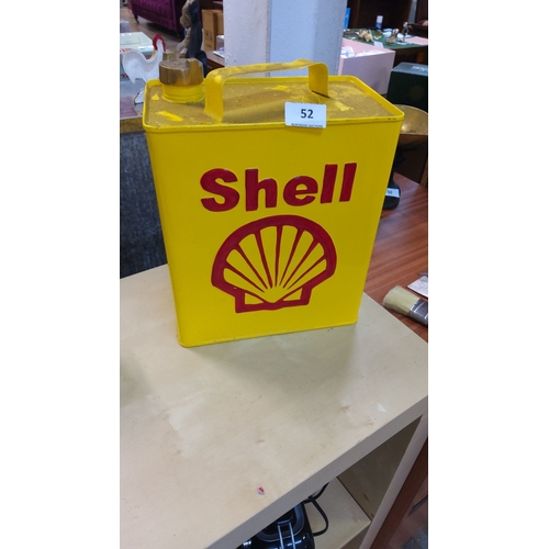 52 - Vintage Shell petrol can, bright yellow with red Shell logo. Metal construction, screw cap design.