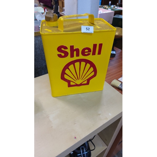 52 - Vintage Shell petrol can, bright yellow with red Shell logo. Metal construction, screw cap design.