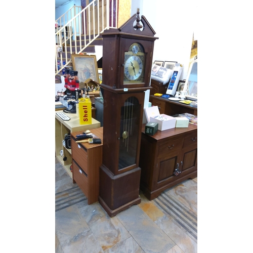 64 - Mahogany longcase clock with brass dial and Roman numerals, featuring a pendulum and hooded design.(... 