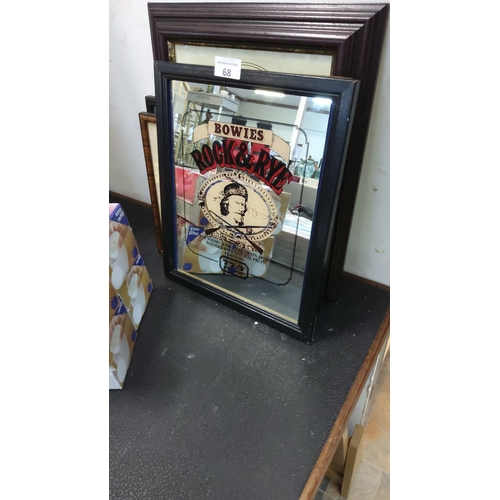 68 - Framed vintage Bowie’s Rock & Rye mirror, featuring classic Americana design. Dimensions: 18