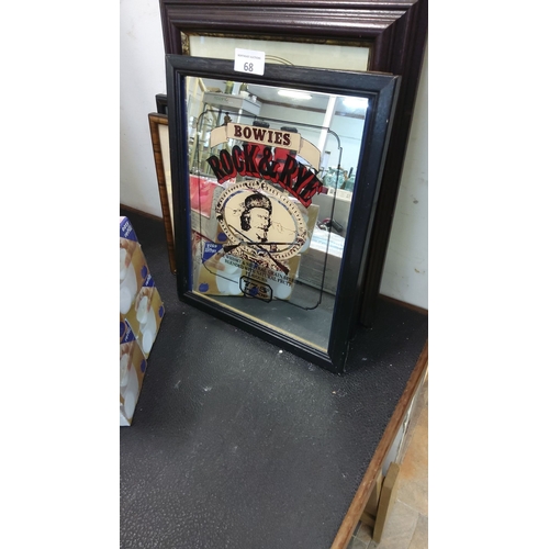 68 - Framed vintage Bowie’s Rock & Rye mirror, featuring classic Americana design. Dimensions: 18