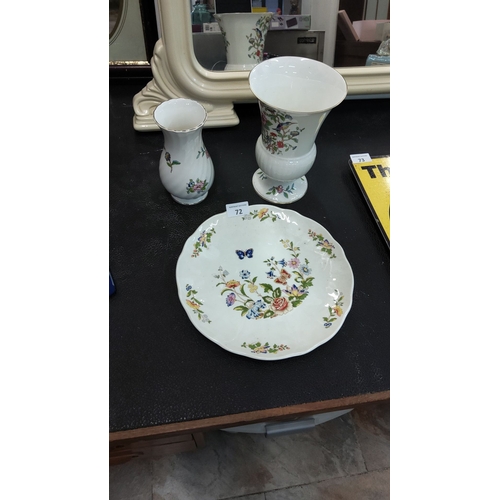 72 - Fine bone china Aynsley vase set with floral and butterfly design. Includes two vases and a decorati... 