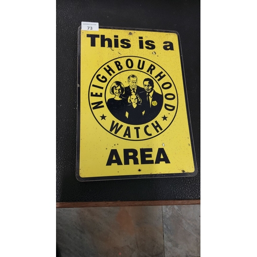 73 - Vintage Neighbourhood Watch sign features bold black lettering and illustration on a bright yellow b... 