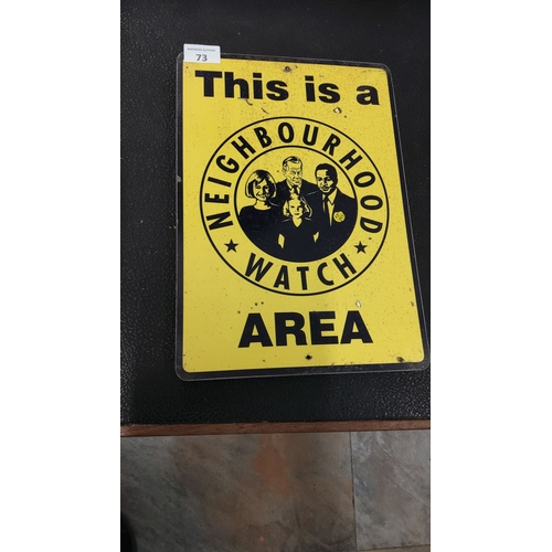 73 - Vintage Neighbourhood Watch sign features bold black lettering and illustration on a bright yellow b... 