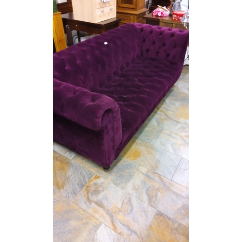 89 - Deep purple velvet sofa (chesterfield style) with tufted design and rolled arms.