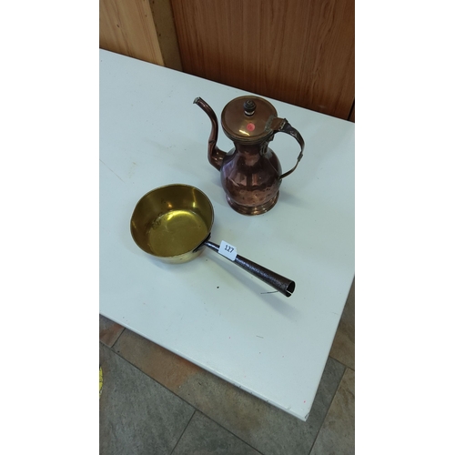 127 - Vintage copper kettle with rustic patina and brass pan.