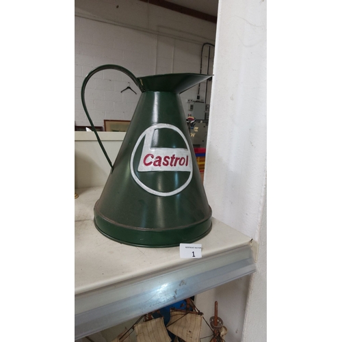 1 - Vintage style Castrol oil jug, metal construction, iconic green hue. 1960s automobilia charm.