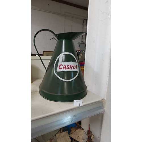 1 - Vintage Castrol oil jug, metal construction, iconic green hue. 1960s automobilia charm.