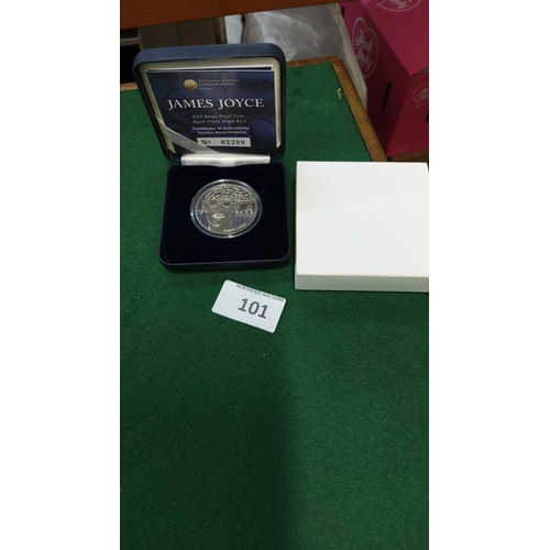 101 - James Joyce €10 Silver Proof Coin, Central Bank of Ireland, boxed with certificate.