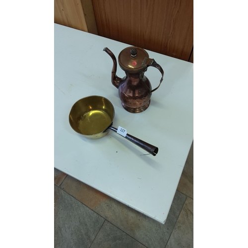 127 - Vintage copper kettle with rustic patina and brass pan.