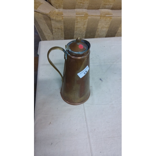 13 - Antique Victorian copper jug, from the mid-19th century. Tapered design with hinged lid and brass ha... 