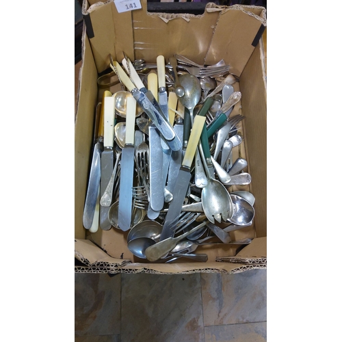 141 - Assorted vintage cutlery set, featuring stainless steel and bone-handled pieces.