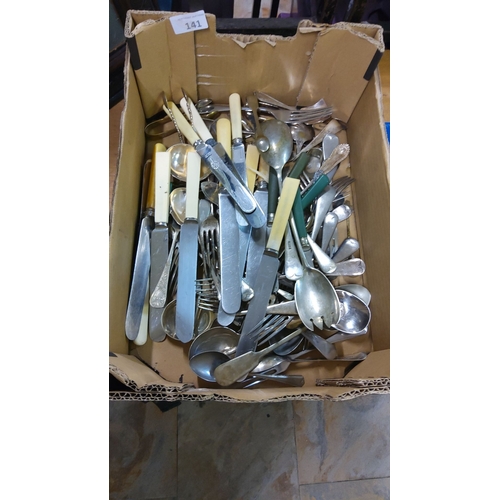 141 - Assorted vintage cutlery set, featuring stainless steel and bone-handled pieces.