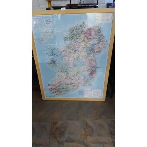 173 - Vintage Ireland Relief Map, framed. Detailed geographical features and vibrant colors.