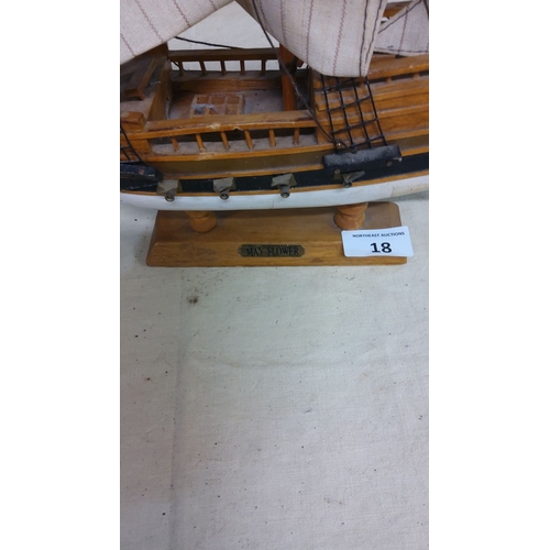 18 - Wooden Mayflower model ship with sail details.