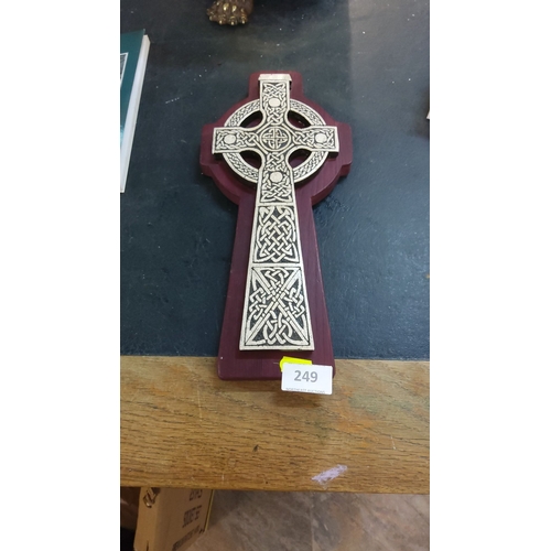 249 - Celtic Cross wall plaque, intricately carved with traditional knotwork. Rich red-brown wood finish e... 