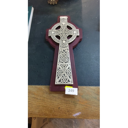 249 - Celtic Cross wall plaque, intricately carved with traditional knotwork. Rich red-brown wood finish e... 