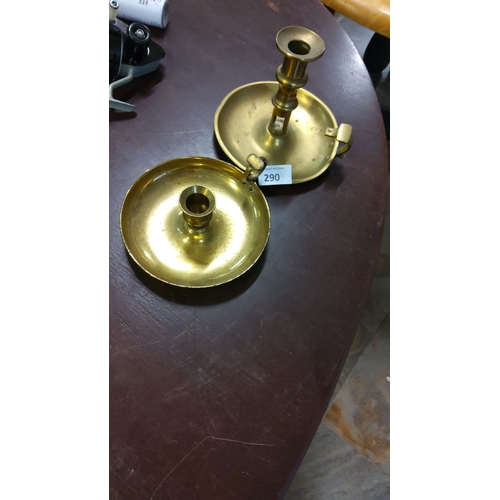 290 - Pair of vintage brass chamberstick candle holders, featuring classic finger loop.