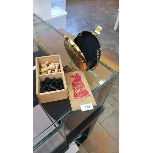 111 - Vintage Staunton Boxwood Chess Set in wood box, paired with a brass orb handbag.