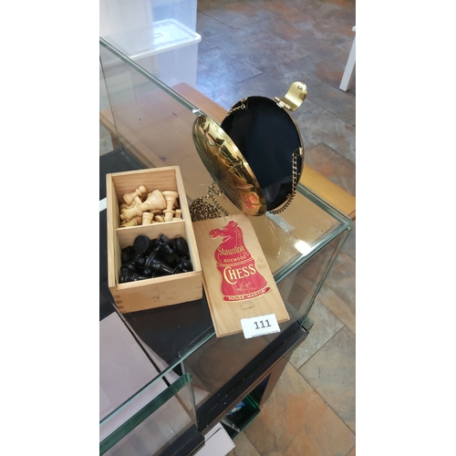 111 - Vintage Staunton Boxwood Chess Set in wood box, paired with a brass orb handbag.