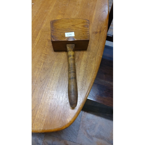 174 - Vintage elm wood carpenter's mallet from the mid-20th century, showcasing rich patina.