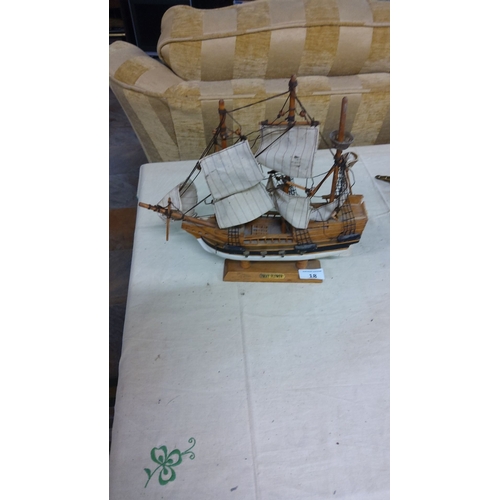 18 - Wooden Mayflower model ship with sail details.