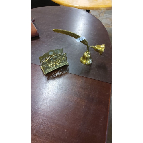 213 - Victorian brass letter holder and quill bell stand, circa 1900. Elegant design.