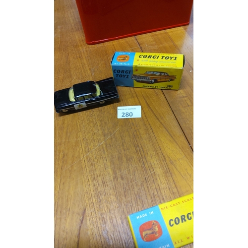 280 - Corgi Original Chevrolet Impala from the 1960s. Black die-cast car with original box. In excellent c... 