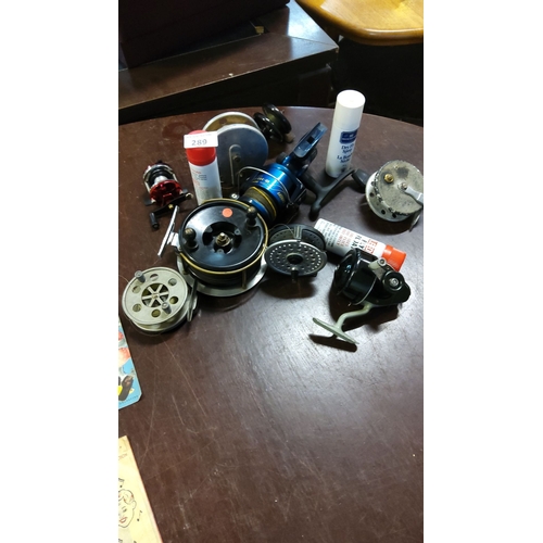 289 - Vintage fishing reel collection, assorted brands and styles, includes maintenance items.