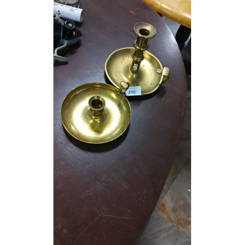 290 - Pair of vintage brass chamberstick candle holders, featuring classic finger loop.