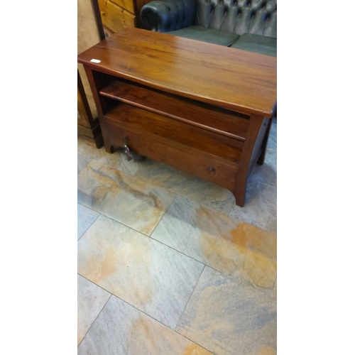 305 - Vintage hardwood TV cabinet with storage shelves and drawer. Warm finish enhances decor.