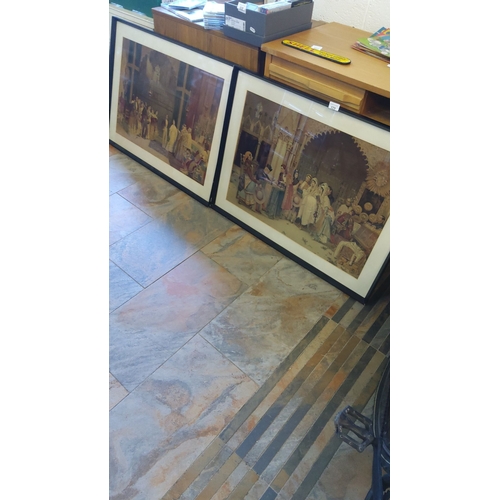 329 - Pair of large framed Victorian prints illustrating historical scenes. Detailed with vibrant costumes... 