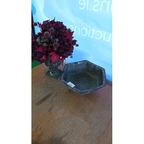 338 - Decorative floral arrangement in a vintage-style urn with an octagonal etched metal bowl.