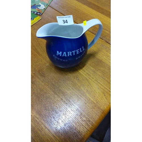 34 - Blue ceramic pitcher by Wade, branded by Martell Cognac.