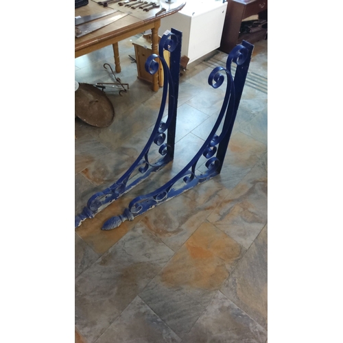 410 - Pair of vintage ornate blue cast iron brackets featuring scrollwork design.From Railway Platform(3ft... 