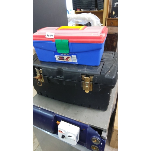 464 - Two stacked toolboxes, one blue with a red lid featuring a 30cm size inscription, and one black with... 