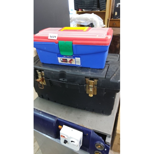 464 - Two stacked toolboxes, one blue with a red lid featuring a 30cm size inscription, and one black with... 