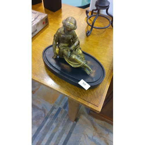 59 - Bronze style Art Nouveau figurine, from the early 20th century, features a seated woman on an oval b... 