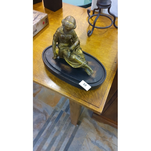 59 - Bronze style Art Nouveau figurine, from the early 20th century, features a seated woman on an oval b... 