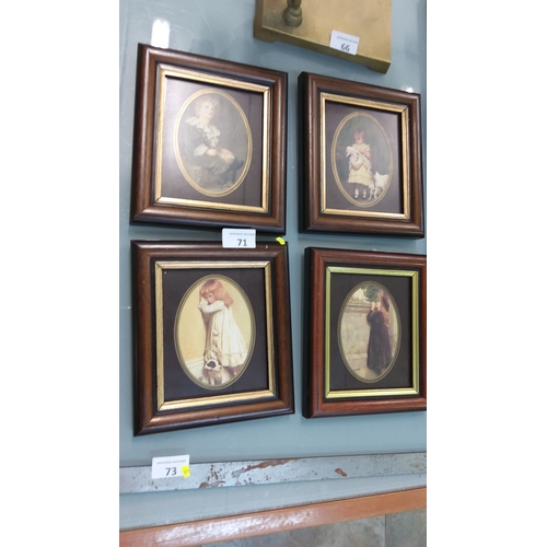 71 - Set of four vintage prints featuring sentimental Victorian children scenes, framed in mahogany.