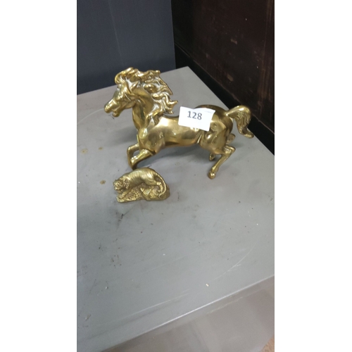 128 - Pair of brass sculptures—galloping horse and crouching tiger. Intricately detailed. Polished finish ... 