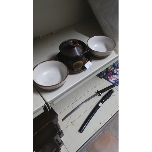 131 - Set of mid-century Denby stoneware, England. Includes two bowls, a lidded casserole dish