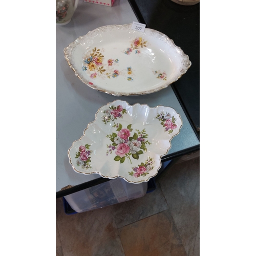 207 - Pair of vintage floral porcelain serving dishes with scalloped edges, gilt accents, and vibrant rose... 