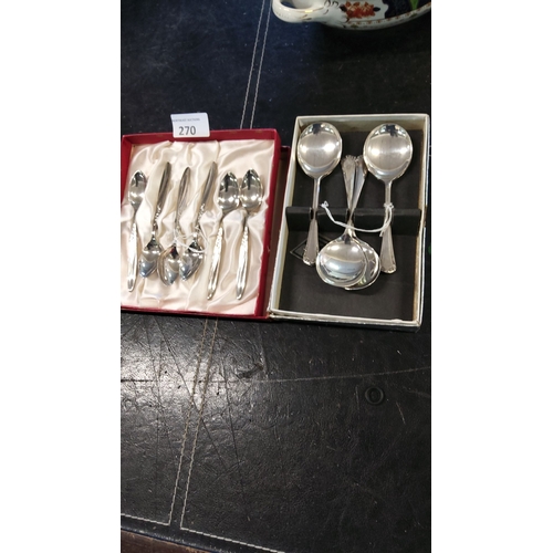 270 - Set of boxed silver-plated teaspoons and serving spoons. Both sets housed in original packaging for ... 