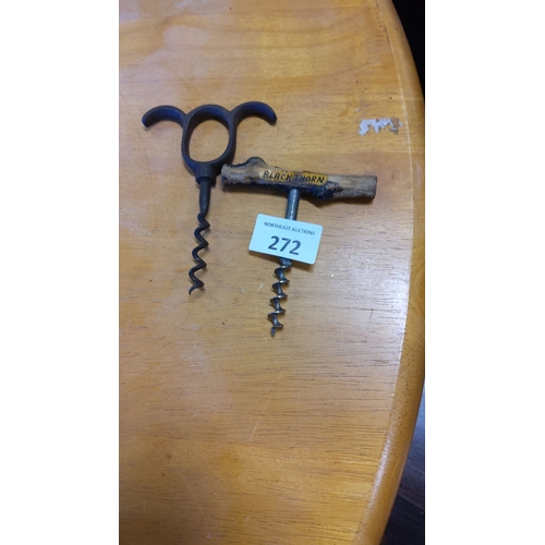 272 - Antique corkscrews, including a Blackthorn wood handle example and a cast iron T-handle.